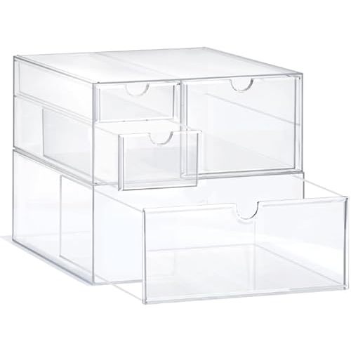 Prsildan Acrylic Drawer Makeup Organizer with 4 Drawers, Set of 2 Office Desk Organizers Accessories, Clear Stackable Storage Drawers for Vanity, Countertop, Craft, Jewelry, Art Supply Organization