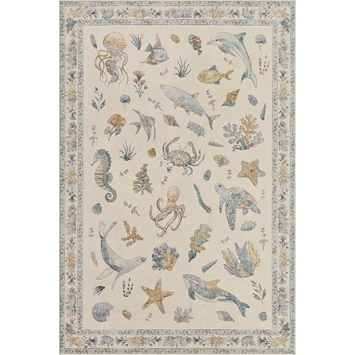 Soft Seaside Marine Animal Washable Faux Wool Stain Resistant Non-Slip Backing Area Rug for Playroom Bathroom Living Room Bedroom Bedside Beachy Coastal Nautical Nursery Carpet (Blue Multi, 6' x 9')