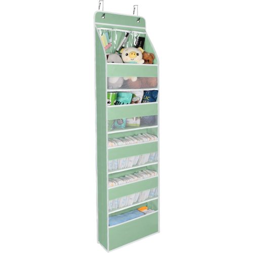 Univivi 6-Shelf Over Door Hanging Organizer Fabric Baby Door Storage with 5 Large Pockets and 3 Small PVC Pockets Wall Mount Hanging Storage Organizers for Baby Essential (Green)