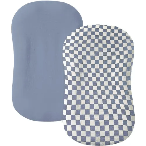 Muslin Baby Lounger Cover 2 Pack, 100% Cotton Infant Lounger Cover, Soft & Breathable Replacement Slipcover, Compatible with Snuggle Me Newborn Lounger (Tradewinds,Tradewinds Check)