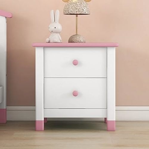 Wooden Nightstand with Two Drawers for Boys Girls Kids Adults Toddler,End Table for Bedroom,White+Pink