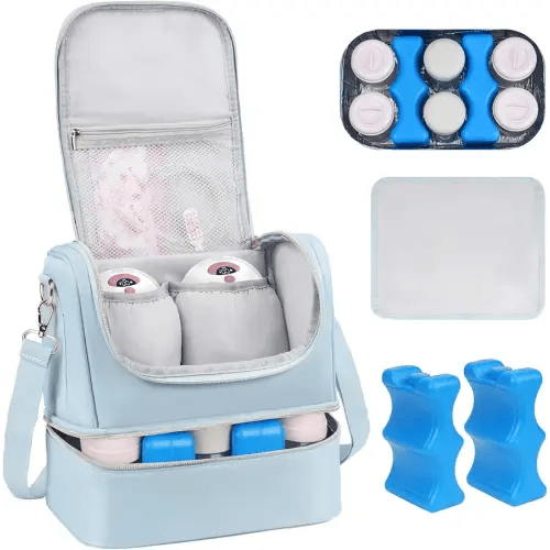 Wearable Breast Pump Bag with Cooler Compartment Fits for Willow/Elvie/Momcozy M5/S12 Pro/Medela, Breast Milk Travel Tote Bag with Ice Pack & Waterproof Mat,Blue