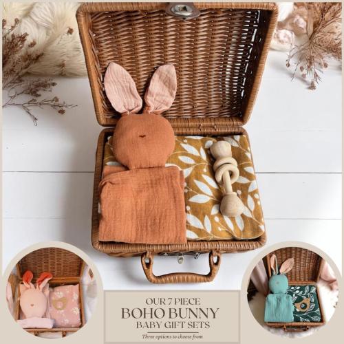Baby Gift - 7pc Baby Gift Set w/ bunny baby toy, swaddle blanket, baby burp cloths, gender neutral baby gift, baby boy gift, baby girl gift