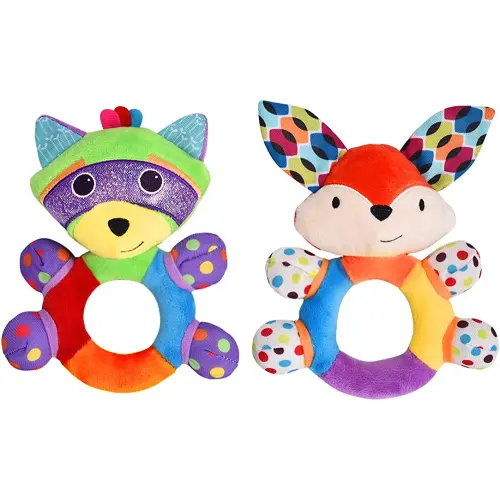 Teething Rattle Toys, Infant Girl Boy Learning Toy Newborn Soft Handbell Grab Shaker Crinkle Squeaky Sensory Travel Accessories for 0 3 6 9 12 Months Old