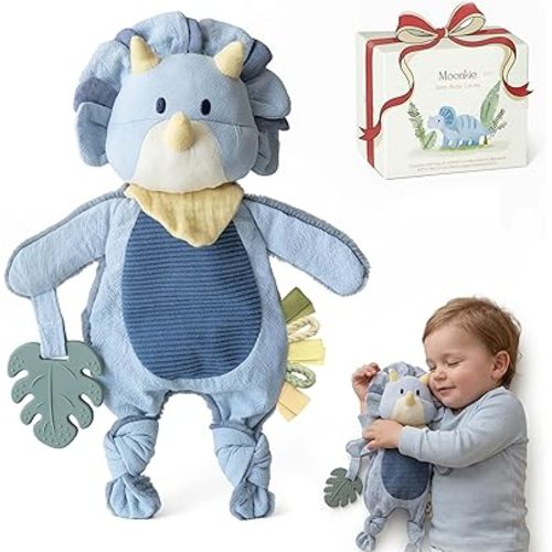 Moonkie Baby Lovey with Silicone Teether, Dinosaur Security Blanket with Textured Ribbons, Crinkle Toys, Soft Minky Velour & Natural Cotton, Newborn Boys Gifts for Baby Shower & Birthday