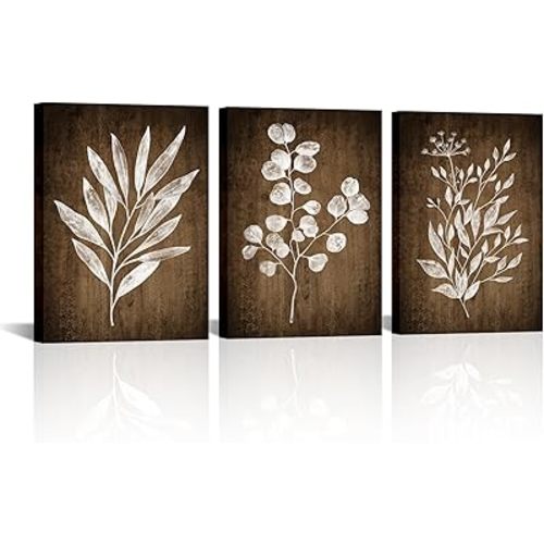Conipit Rustic Botanical Wall Art Canvas Brown Botanical Painting Minimalist Vintage Leaf Plant Artwork Prints Framed For Living Room Bedroom Wall Decor 12''X16''X3pcs