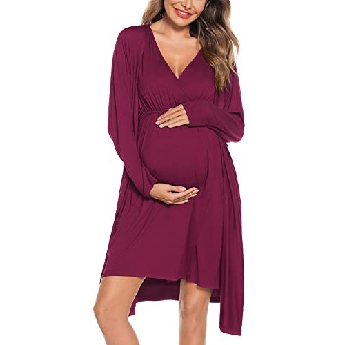 SWOMOG Women Maternity Nursing Gown and Robe Set 3 in 1 Labor Delivery Nursing Nightgown for Breastfeeding Hospital Bathrobe