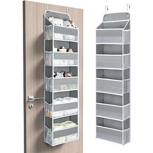 Yecaye 1 Pc Over The Door Organizer with 5 Bins 10 Side Pockets, 44lbs Load Hanging Bathroom Organizer, No Tilt Closet Organizers and Storage for Bedroom, Baby Organizer for Extra Storage, Grey
