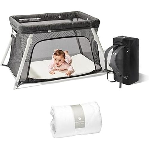 Guava Lotus Travel Crib Bundle with Quilted Sheet & Mattress | Play Yard with Lightweight Backpack Design | Certified Baby Safe Portable Crib | Folding Portable Playpen for Babies & Toddlers