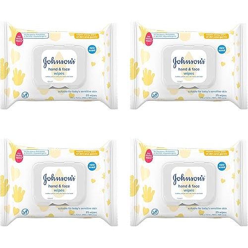 Johnson's Baby Hand & Face Baby Sanitizing Cleansing Wipes for Travel and On-The-Go, No More Tears Formula, Paraben and Alcohol Free, 25 ct, Case of 4