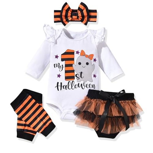 fioukiay Newborn Baby Girls Halloween Clothes Outfits Infant 4pcs Bodysuit Romper Shorts Clothing Sets