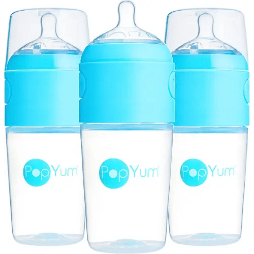PopYum 9 oz Blue Anti-Colic Formula Making/Mixing/Dispenser Baby Bottles, 3-Pack (with #2 Nipples)