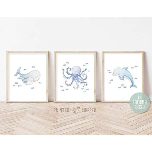 Set of 3 Under the sea wall art, Ocean nursery decor, Nautical nursery print set, Sea life animals art, Whale, Dolphin, Octopus print