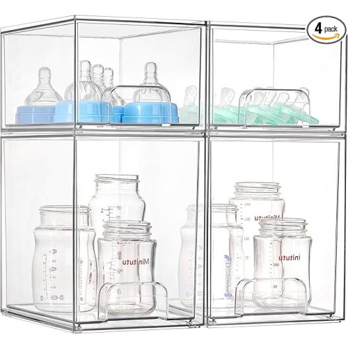 Vtopmart 4 Pack Clear Baby Bottle Organizer Set, Stackable Storage Drawers Ideal for Kichen Countertop, Vanity, Bathroom, Cabinet, Pantry Organization