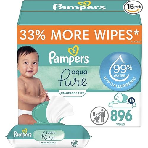 Pampers Baby Wipes Aqua Pure, 99% water-based wipes, Hypoallergenic and Unscented Baby Wipes, 896 Wipes Total (16 Flip-Top Packs)