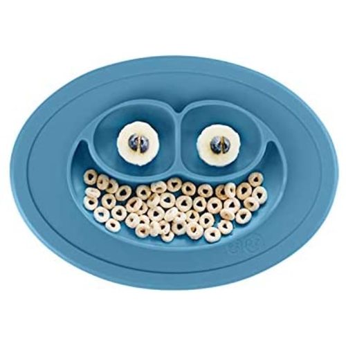 ezpz Mini Mat (Blue) - 100% Silicone Suction Plate with Built-in Placemat for Infants + Toddlers - First Foods + Self-Feeding - Comes with a Reusable Travel Bag