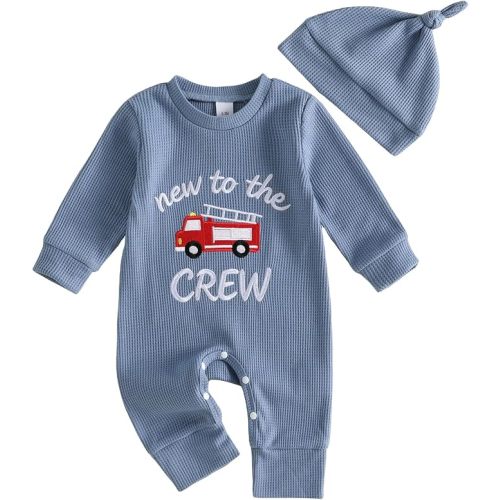 Newborn Baby Boy Fall Outfit Fire Truck Romper Long Sleeve Waffle Jumpsuit