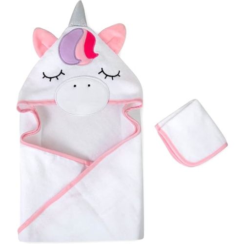 Baby Animal Hooded Towel and Washcloth Set for Newborns, Infants, Toddlers Boys and Girls 3-24 Months (Unique Sparkly Unicorn)