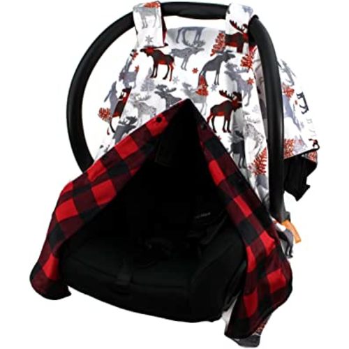 Dear Baby Gear Car Seat Canopy - Unisex Infant Car Seat Cover - Soft and Breathable Fabric - Fits Most Car Seats - Winter Moose/Red Black Plaid 40"x30"