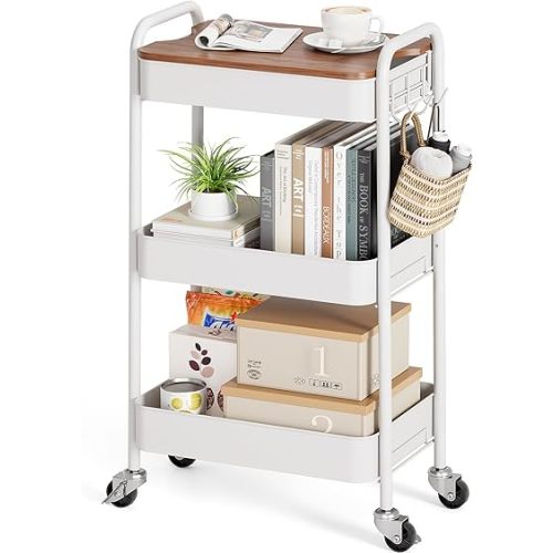 TOOLF 3-Tier Rolling Cart, Metal Utility Cart with Detachable Tray Top, Storage Craft Art Cart Trolley Organizer Serving Cart Easy Assembly for Bathroom, Living Room, Office, Kitchen, Classroom, White