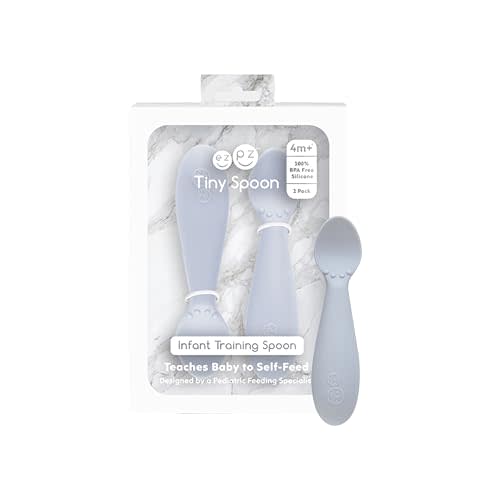 ezpz Tiny Spoon (2 Pack in Pewter) - 100% Silicone Baby Spoon for Baby Led Weaning + Purees - 6 Months + - Designed by a Pediatric Feeding Specialist - Baby Essentials & Baby Gifts