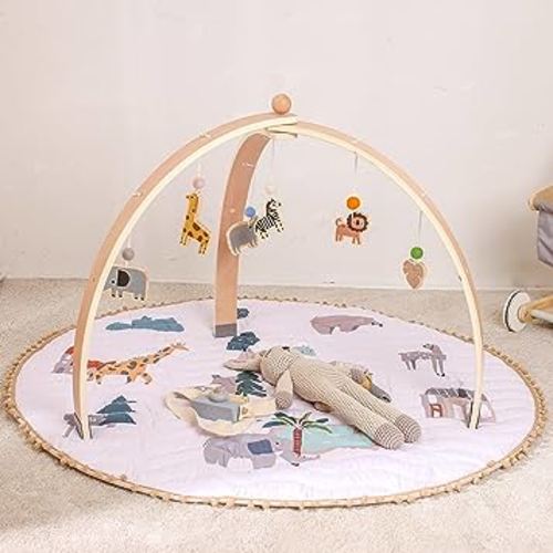 Wooden Baby Gym Foldable Baby Play Gym Frame Activity Center Hanging Bar with Cute Animals Toys for Sensory Exploration and Motor Skill Development, Newborn Gift for Girls Boys(Without Play Mat)