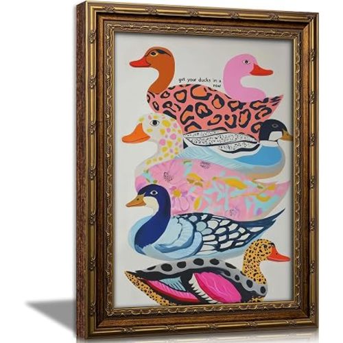 Vintage Gold Framed Colorful Ducks Wall Art, Whimsical Animal Painting Canvas Print, Kitsch Dopamine Wall Decor, Retro Funky Farmhouse Goose Animal Artwork for Nursery Living Room Bedroom Bathroom