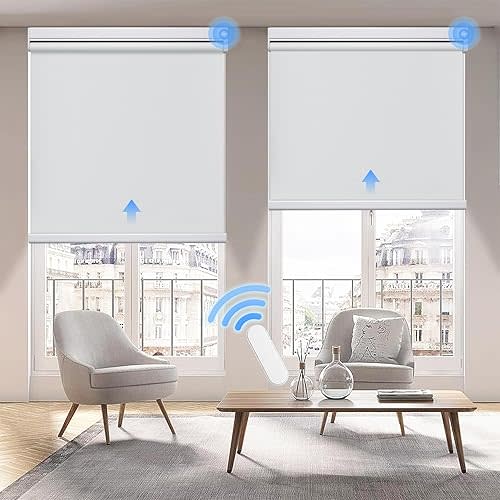 Grandekor Motorized Roller Shade with Remote Control,Motorized Blinds 100% Blackout Electric Shades, Cordless Window Blinds Shades for Bedroom Living Room Office,White,W32 xH72