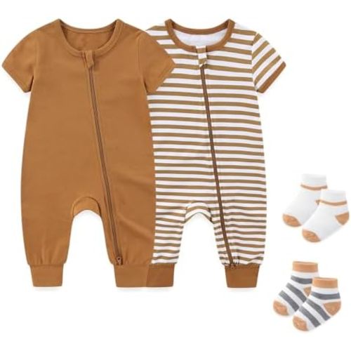 Baby Boy Girl 2-Pack Rompers with Socks 0-18M Toddler Unisex Zipper Short Sleeve Jumpsuits Clothes
