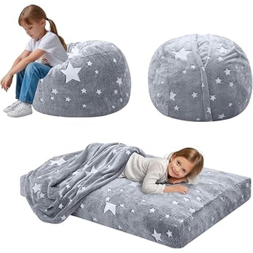 COMAX Kids Bean Bag Chair Turn into Beanbag Bed, Unicorn Toddler Bean Chair for Girl Boy Sleeping, Lazy Children Sofa Couch with Filler, Convertible Child Floor Mattress, Glowing Grey Star