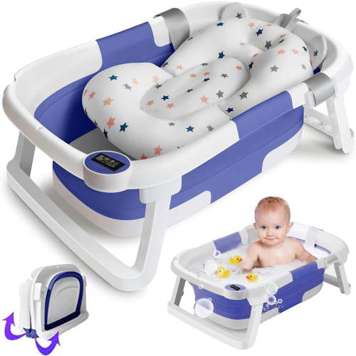 Morfone Collapsible Baby Bathtub, Baby Bath Tub with Soft Cushion & Thermometer, Baby Bathtub Newborn to Toddler 0-36 Months, Portable Travel Baby Tub, Blue