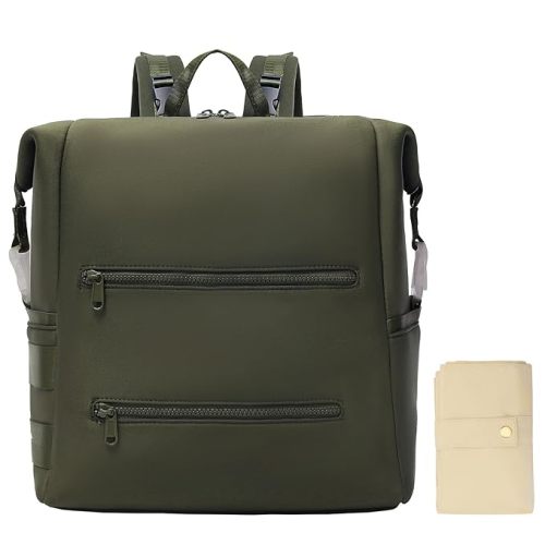 Diaper Bag Backpack,Large Neoprene Baby Bag for Boys Girls with 15 Diaper Bag Organizer,2 Insulated Pockets,Changing Pad,Stroller Straps,Olive Green