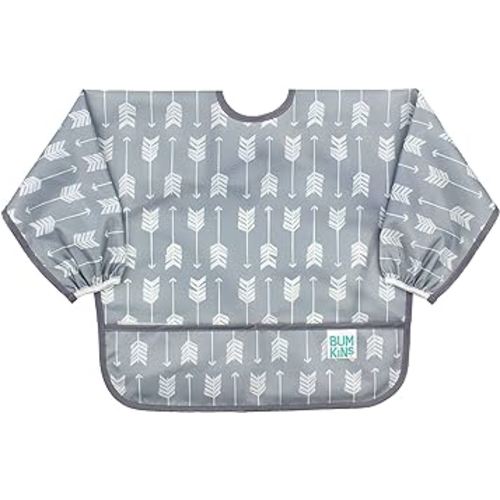 Bumkins Sleeved Bib for Girl or Boy, Baby and Toddler for 6-24 Mos, Essential Must Have for Eating, Feeding, Baby Led Weaning Supplies, Long Sleeve Mess Saving Food Catcher, Soft Fabric, Gray Arrows