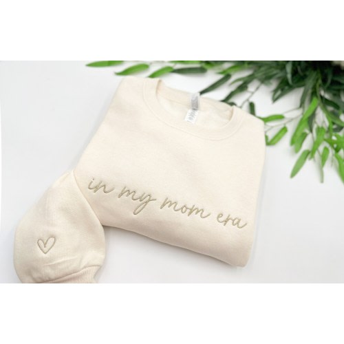 Embroidered In My Mom Era Sweatshirt, Minimal heart on sleeve Crewneck, Mom Sweater, Trendy Mom Apparel, Mother&#39;s Day Gift, Custom Pullover