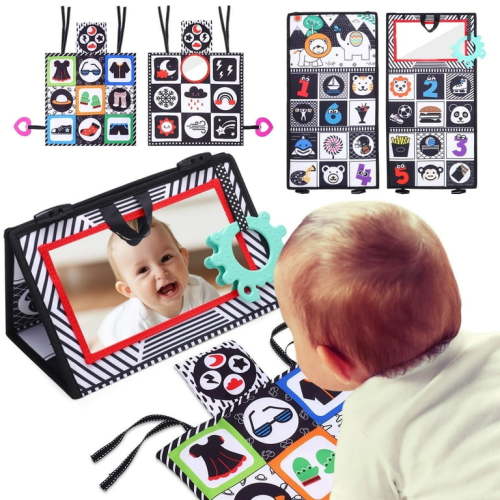 KABOER 2 Pack Tummy Mirror Toy, Black and White High Contrast Baby Toys for Newborn, Baby Visual Stimulation Mirror, Sensory Crinkle Toy for Infant 0-3-6-12 Months