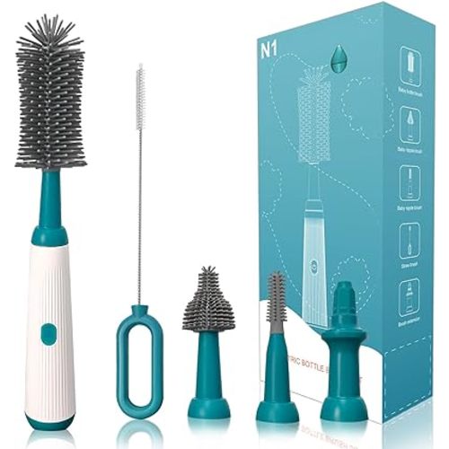 Electric Baby Bottle Brush Cleaner Set with Rechargeable Electric Bottle Cleaner and Silicone Baby Bottle Brushes and Straw Brush, Automatic Bottle Cleaner Brush for home and kitchen,Green