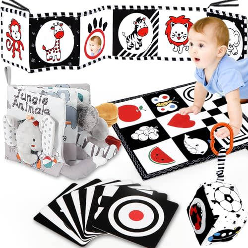 DRAMATION 5 Pcs Black and White High Contrast Baby Toys 0-3 Months for Newborn, Tummy Time Toys Montessori Toys for Babies 0 3 6 9 Months - Infant Sensory Soft Book Toys for Babies Baby Gifts