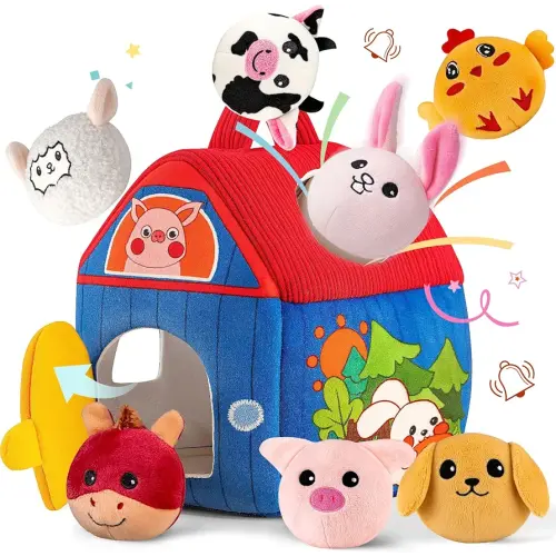 Baby Toys 6-12 Months, Barn with Stuffed Farm Animals, Montessori Toy for Babies, Sensory Toys for Toddlers 1-3, Portable Baby Farmhouse Toy, Birthday Gift for Infants & Toddlers
