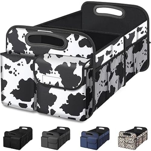 Femuar Car Trunk Organizer, Car Storage Organizer with Large Capacity Waterproof Collapsible Trunk Organizer for Car Suv/Jeep/Sedan (Cow print, Standard)