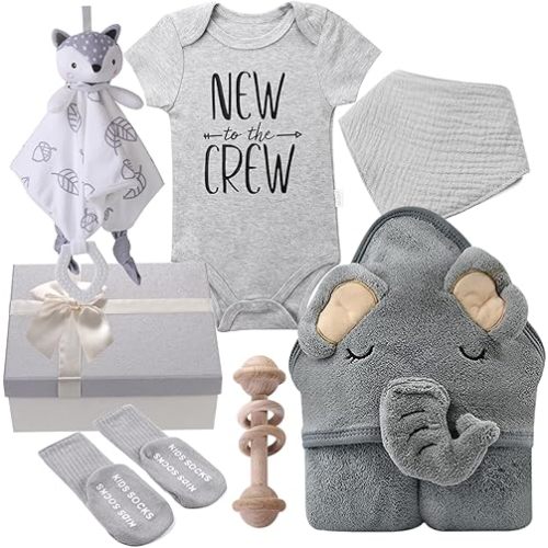Baby Boy Girl Gift Box Set Newborn Baby Blanket, Newborn Lovey Security Blanket, Baby Wooden Rattle Toy, New Born Clothes Bibs Socks
