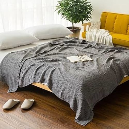 EMME Cotton Blanket Queen Size for Bed Soft Large 6 Layer Muslin Bed Blankets 80"x90" Lightweight Breathable Grey Blanket All Season Gauze Blanket, Grey