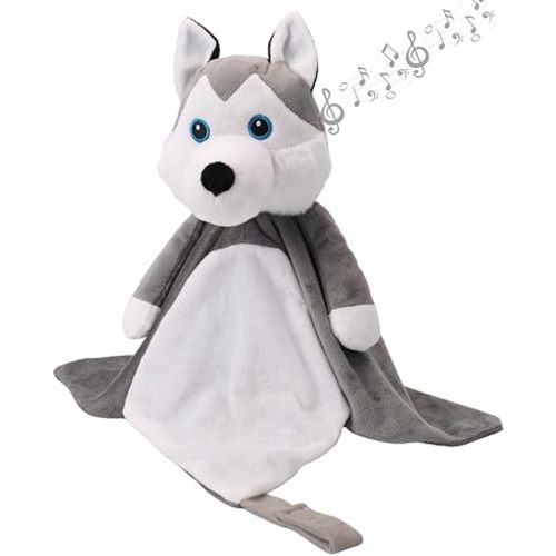 Love By Emi 4 in 1 Baby Lullaby Sleep Soother Toy - Stuffed Animal Sound Machine & Pacifier Holder | Heartbeat White Noise & Music | Plush Husky Lovey Sleep Aid Security Blanket (0-3 Years)