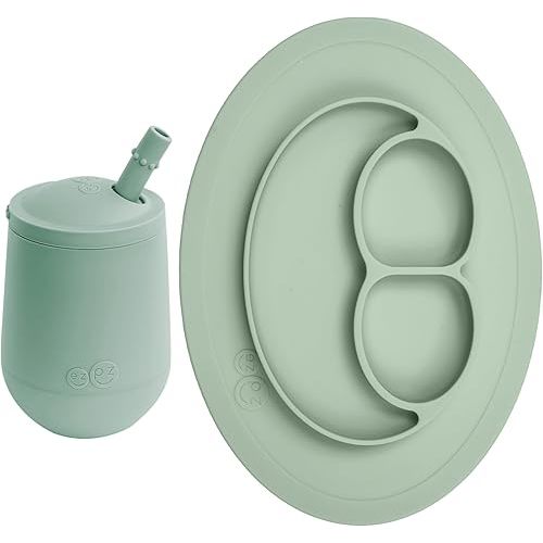 ezpz Mini Mat (Sage) + Mini Cup + Straw (Sage) - Toddler essentials straw cup and mat