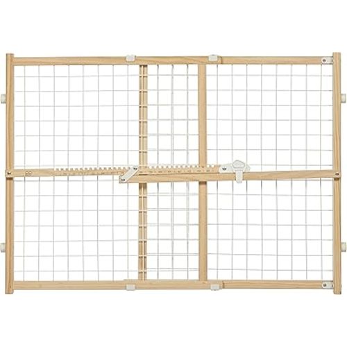 MidWest Homes for Pets Wire Mesh Pet Safety Gate, Pressure Mounted Dog Gate Measures 24 Inches Tall & Expands to 27-41.5 Inches Wide, Natural Wood & White Powder Coated Wire Mesh