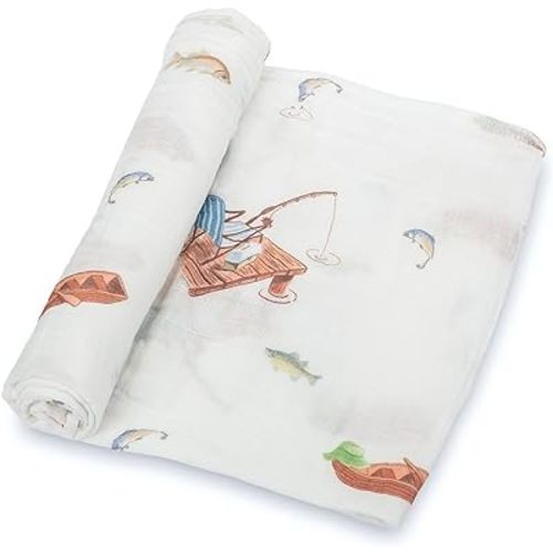 LollyBanks Baby Blanket, 100% Cotton Muslin Swaddle Blankets for Boys, Large 47 x 47 Inches Newborn Blanket, Soft and Breathable Receiving Blankets, Baby Essentials, Registry (Fishing Print)