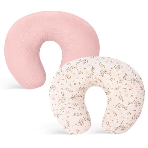 Winmany 2 Pack Muslin Nursing Pillow Covers Soft Cotton Newborn Breastfeeding Pillow Cover Baby Feeding Pillow Slipcover Shower Gifts for Boys Girls (Pink + Flower)