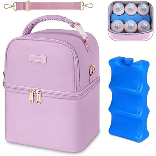 Mancro Breastmilk Cooler Bag with Ice Pack Fits 6 Baby Bottles, Insulated Baby Bottle Bag with Double Laye Design, Bottle Cooler for Baby Milk Suitable for Nursing Mom Daycare, Purple