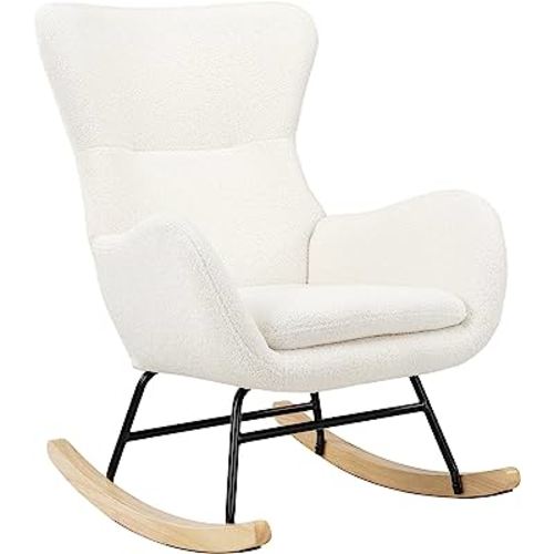 PrimeZone Comfy Rocking Chair for Nursery - Glider Chair with High Backrest, Armrests & Upholstered Pad, Bedroom Nursery Rocker Chair for Baby & Kids, Ivory White