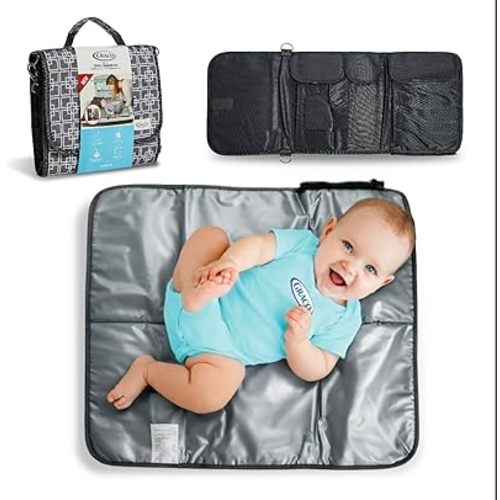 Graco Portable Baby Diaper Changing Table Pad Bag with Wipe & Travel Essentials Pockets - Deluxe Compact Clean Padded Infant Changer Mat - Gray