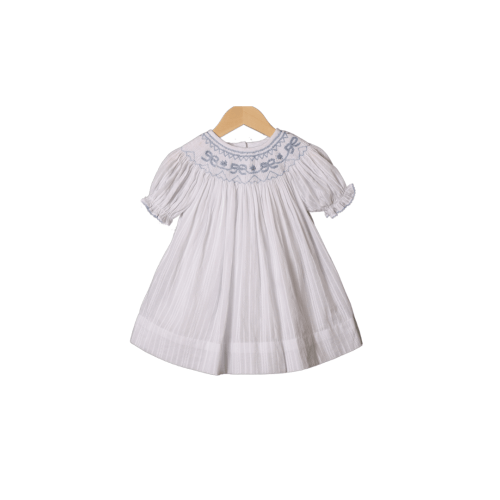 Smocked Heirloom Blue Bow White Linen Dress